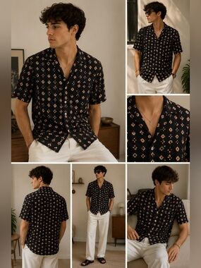 Zara Men’s Geometric Print Button Up Shirt Retro Y2K Collar Short Sleeve Size S